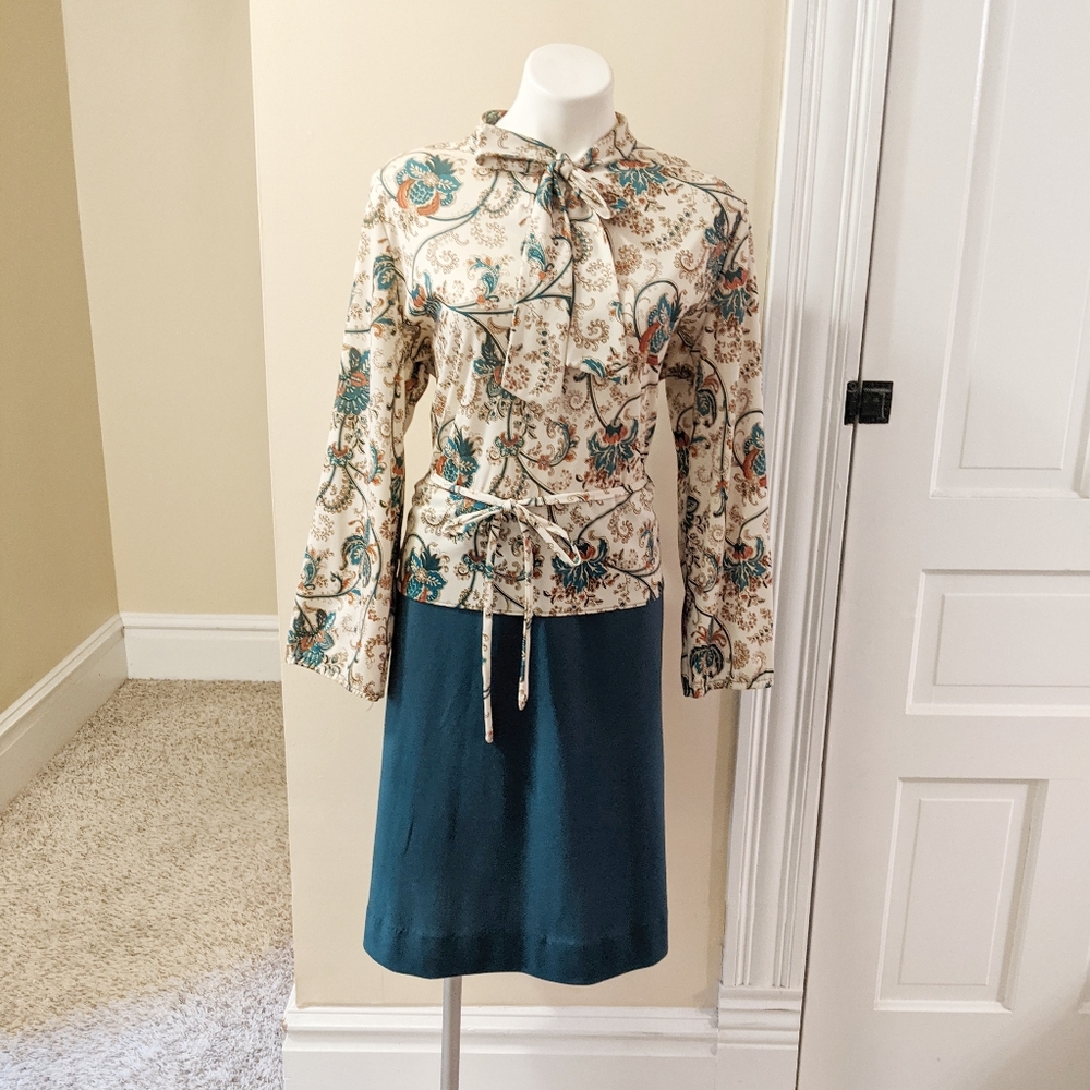 Vintage teal, cream and orange paisley print dress
